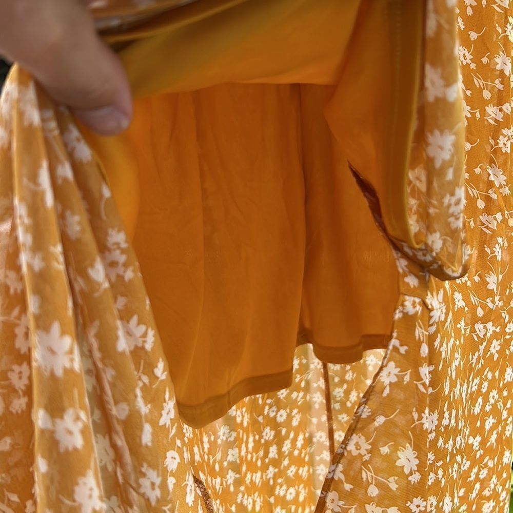 Lulus Women’s XL mustard yellow floral midi flowing dress NWOT boho prairie core - Picture 6 of 16